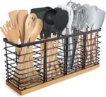 Kitchen Utensil Holder with 4 Compartments – Matte Black Metal with Wooden Base