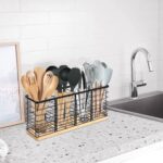 Kitchen Utensil Holder with 4 Compartments – Matte Black Metal with Wooden Base - Image 2