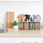 Kitchen Utensil Holder with 4 Compartments – Matte Black Metal with Wooden Base - Image 3