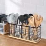 Kitchen Utensil Holder with 4 Compartments – Matte Black Metal with Wooden Base - Image 4